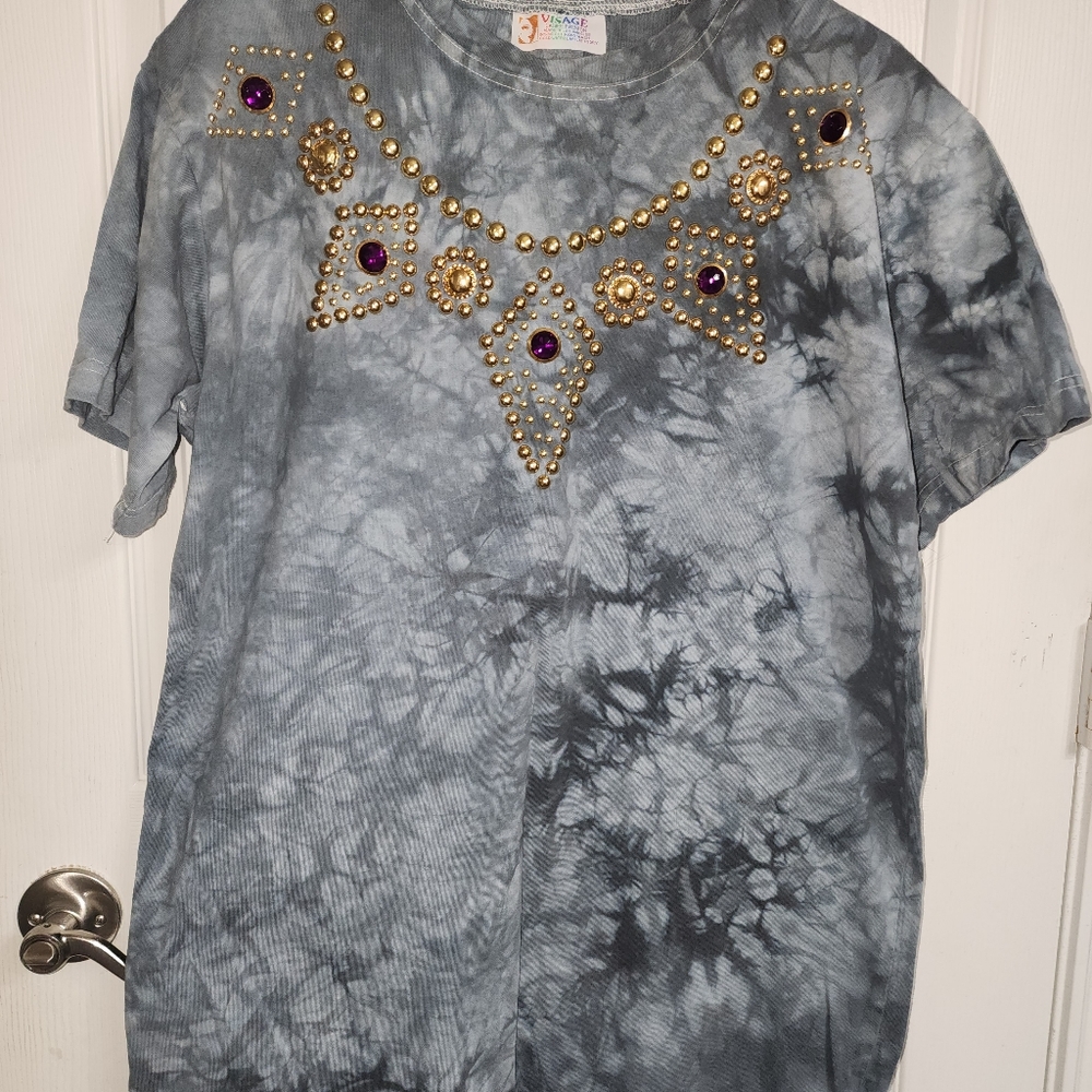 Vintage 80s Visage Ladies Fashion Grey Tie Dyed Studded One of A Kind Shirt